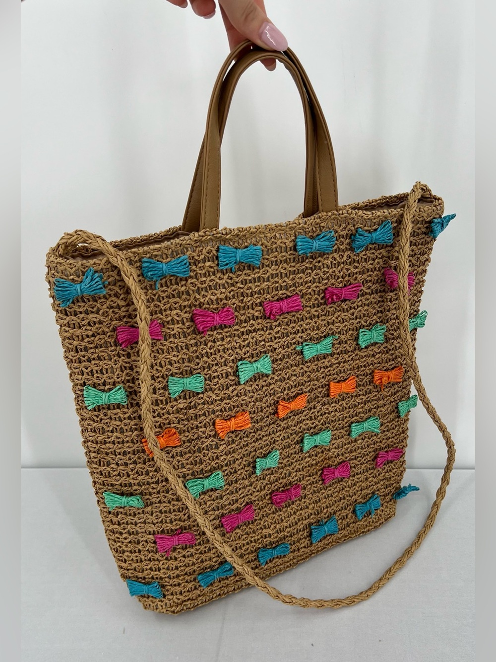Raffia woven straw colorful Bow Tote Beach Bag euro summer coastal vacation - Picture 3 of 16